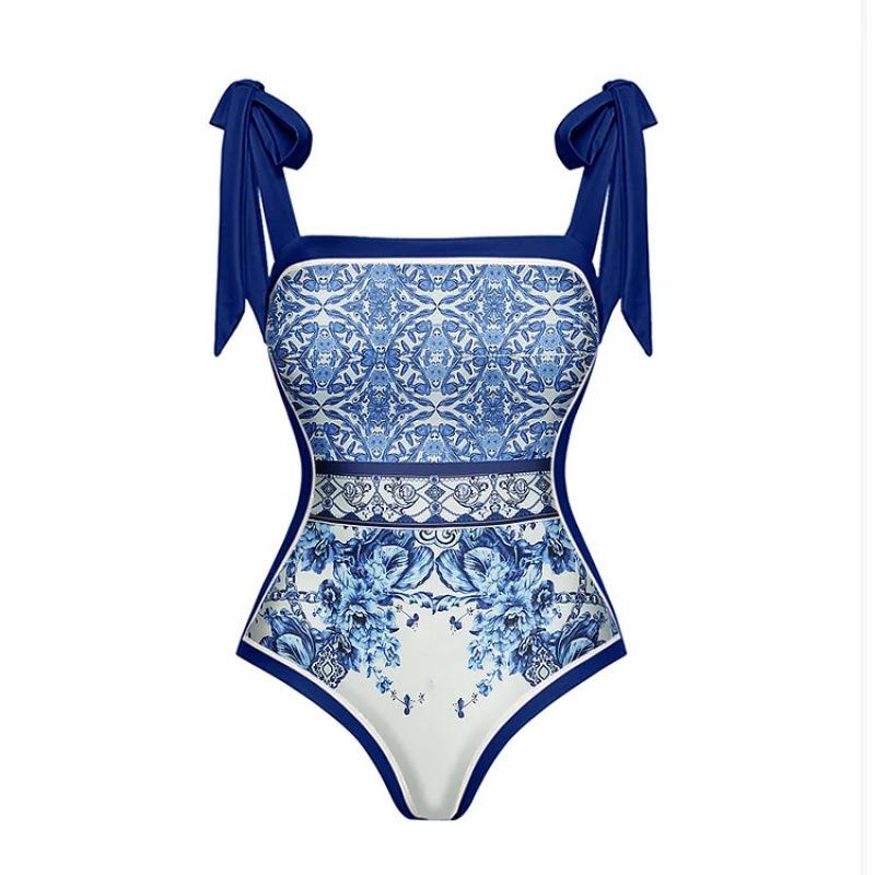 European and American blue ethnic swimsuit bow strap printed one-piece swimsuit suit women S