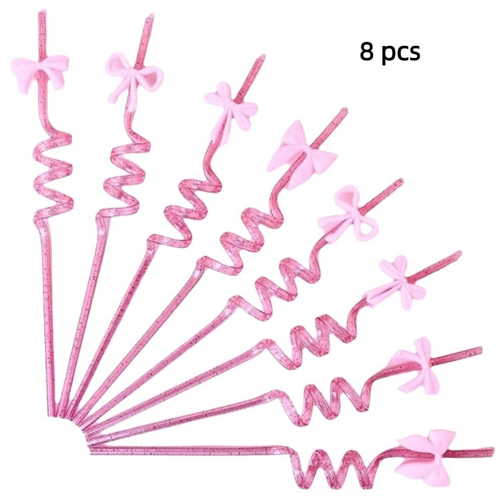 8pcs Shimmer Effect Pink Bow Straws Durable Material Sparkle Straws  Themed Events