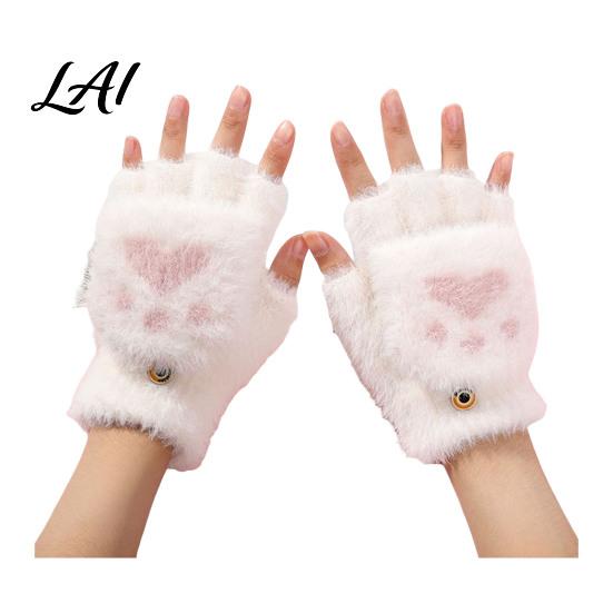 Convertible Mittens for Women Furry Cat Paw Thermal Gloves Flip Top Mitten with Button Women Winter Comfortable Indoor Outdoor Gloves Plush