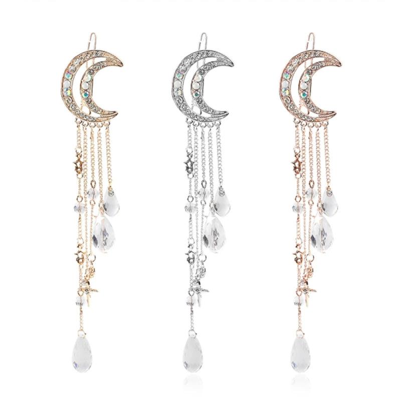 1/3PCS Retro Women's Crescent Star Tassel Hairpin with Diamond Crystal Moon Star Girl Edge Clip Hairpin