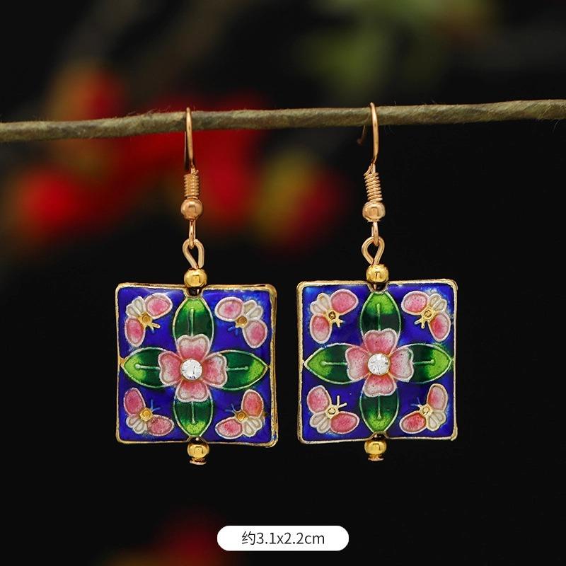 Chinese retro cloisonne enamel earrings female classical temperament simple flower earrings niche design earrings