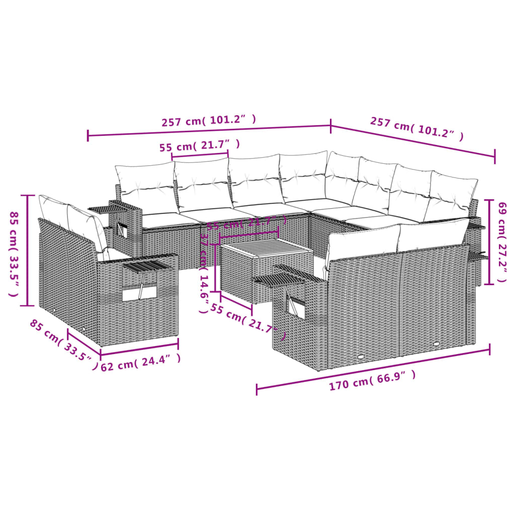 Vidaxl 12-Cz. Garden Furniture Set With Cushions, Beige, Poly Rattan