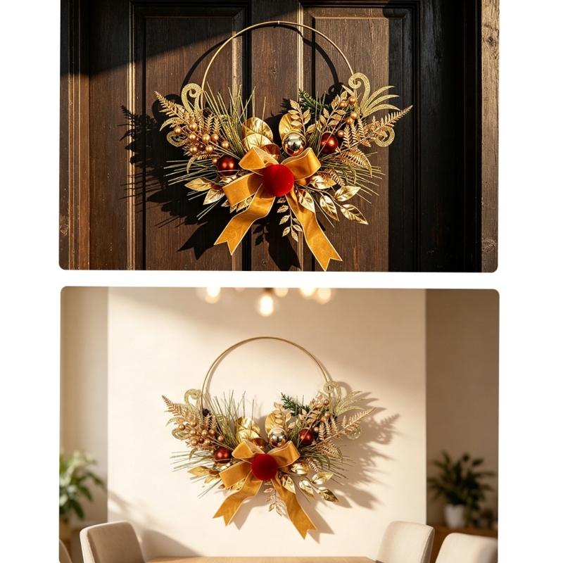 Holiday Door Wreath Artificial Christmas Decors With Bowknot, Pine Style Greenery and Ornament, Portable Hanging Accent for Entryway or Shop Display