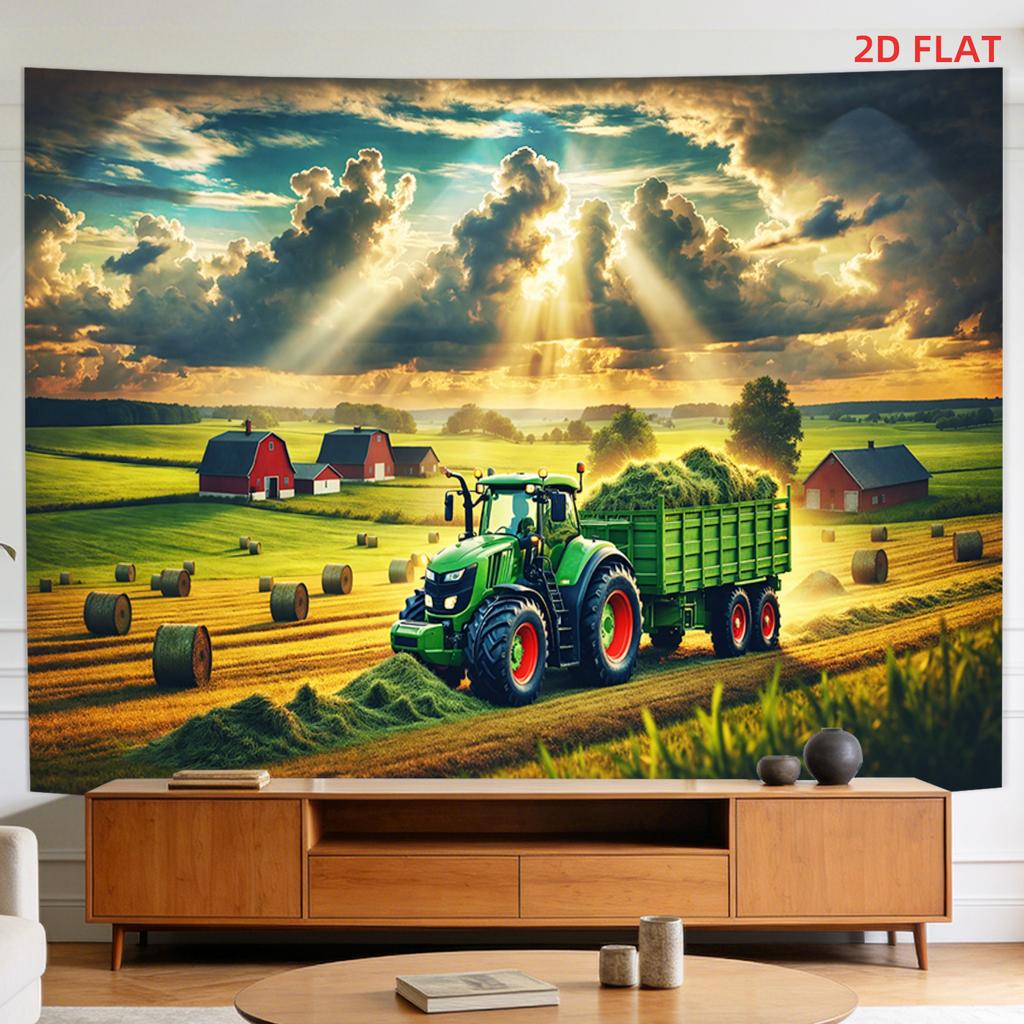 Arazzo Rustico da Fattoria Decorazione da Parete Stampa Artistica Paesaggio Rurale Trattore Campo di Grano Cielo Murale per Decorazione Domestica