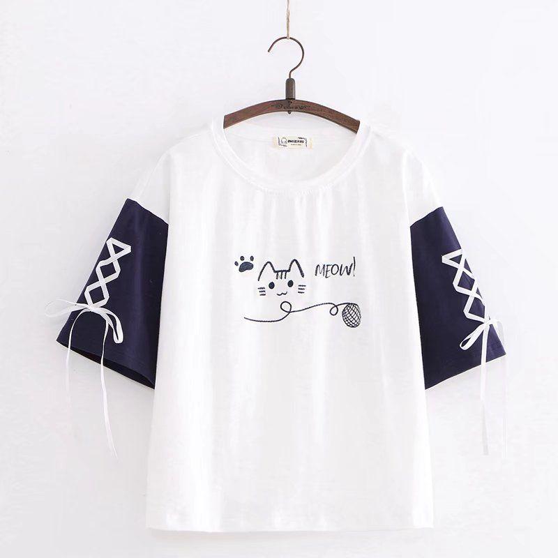 

Young Adult Junior High School Preppy Style Loose Top T-shirt with Short Sleeves White Strap Cat All yards