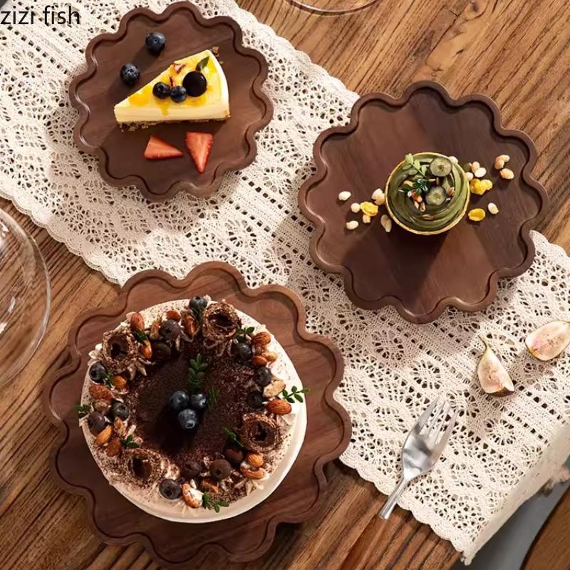 Acacia Wood Cake Plate Glass Cover Display Tray Refreshments Tray Dessert Plates Pastry Plate Fruit Dish Decorative Plates Bowl