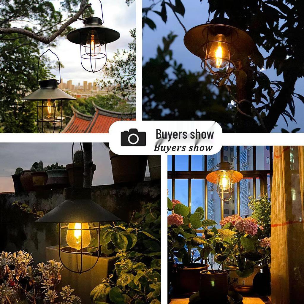 Retro Wrought Iron Solar Courtyard Lantern: Outdoor Tungsten Filament for Garden, Balcony, Camping & Decorative Night Lighting.
