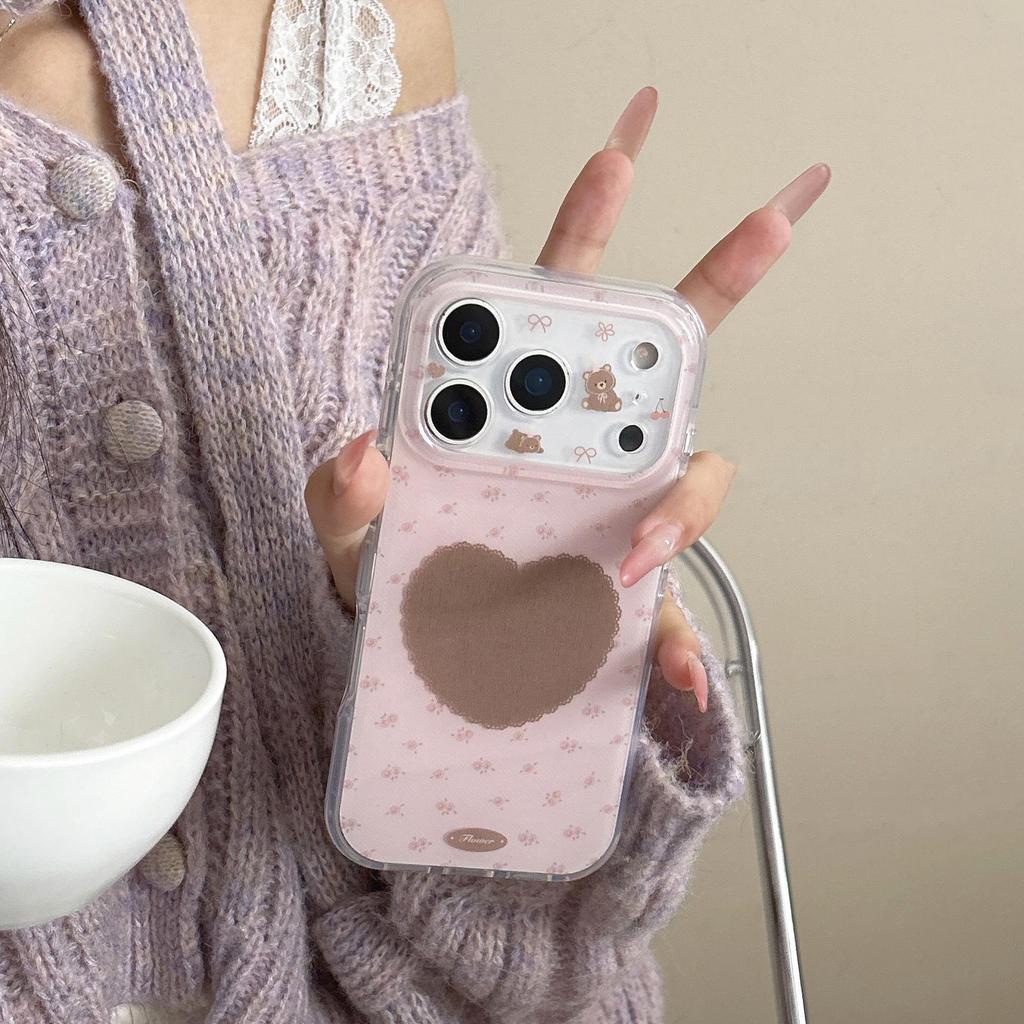 3D Bear & Floral Phone Case for iPhone 17/16 Pro Max/15/14 - Girlish Heart Design