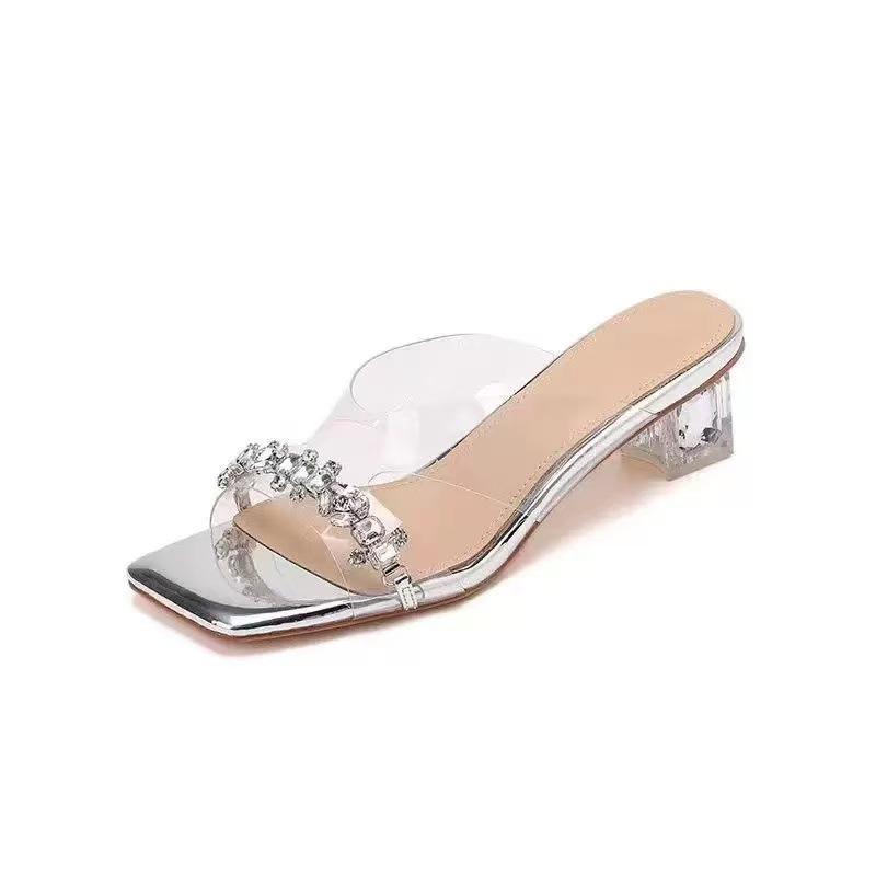 Spot Second Hair~ Cool Slippers Women's New Crystal High Heel Leg Repair One-word Drag Transparent Sandals Rhinestone Slippers Summer