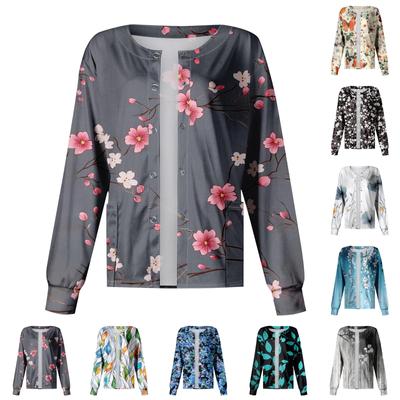 Dámská Ležérní Módní Dlouhý Rukáv Stojáček Jednobarevná Rostlinný Potisk Uniformní Bunda Top