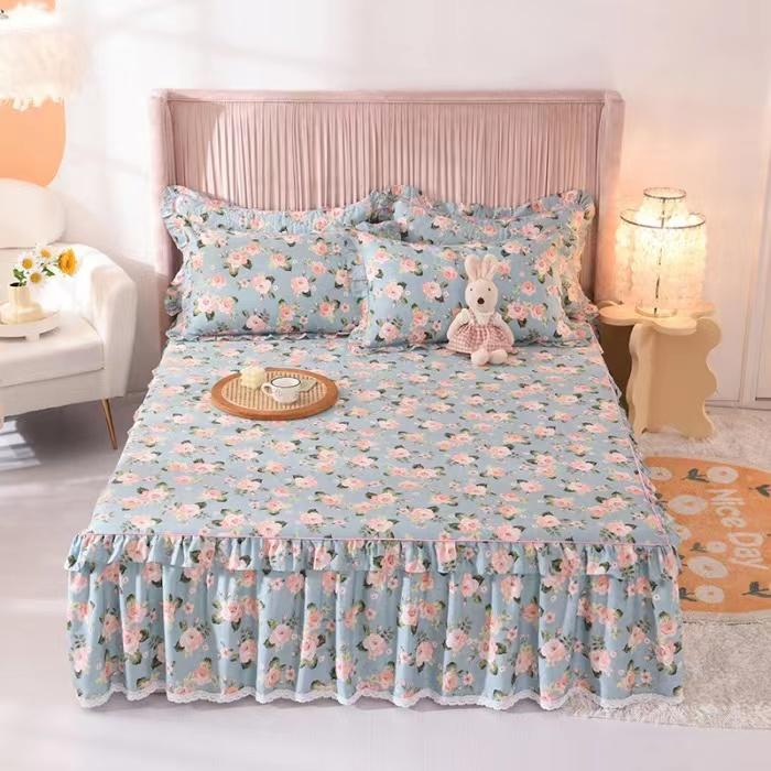 3pcs Sheet Set High Grade 100% Cotton Printed Bedspread King Queen Size Cute Pure Cotton Thick Bed Skirt with 2pcs Pillowcase