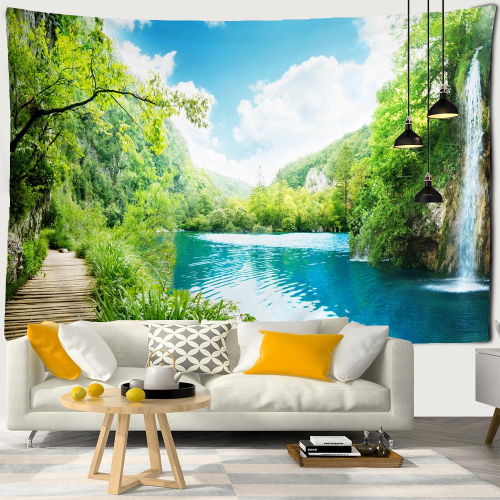 3D Print Tapestry Wall Hanging Waterfall Landscape Tapestry Beautiful Forest Stream Wall Carpet Beach Towel Home Decor Tapestry