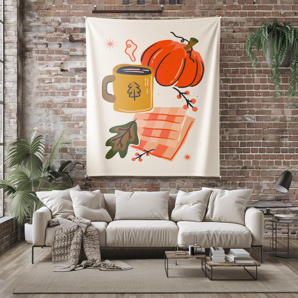 Autumn Pumpkin Coffee Mug Leaves Wall Tapestry Machine Washable All Season Decor Art Print Fall Harvest Design Home Quick Setup