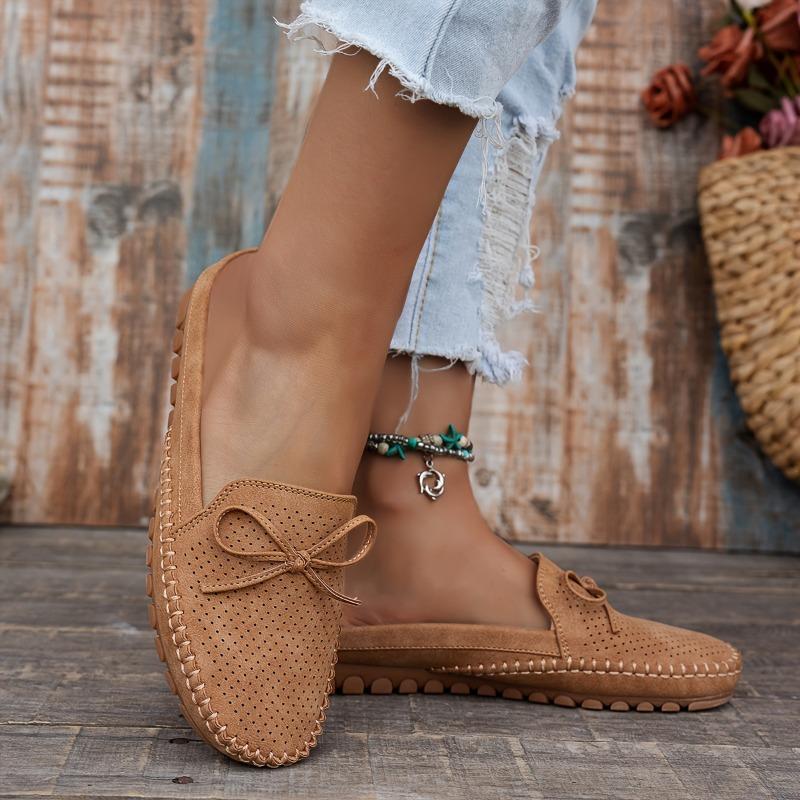Women's Retro Bow Flat Mules - Soft, Comfortable, Breathable Slip-On Sandals in Pink Perforated PU Cover with TPR Sole and Fabric Lining