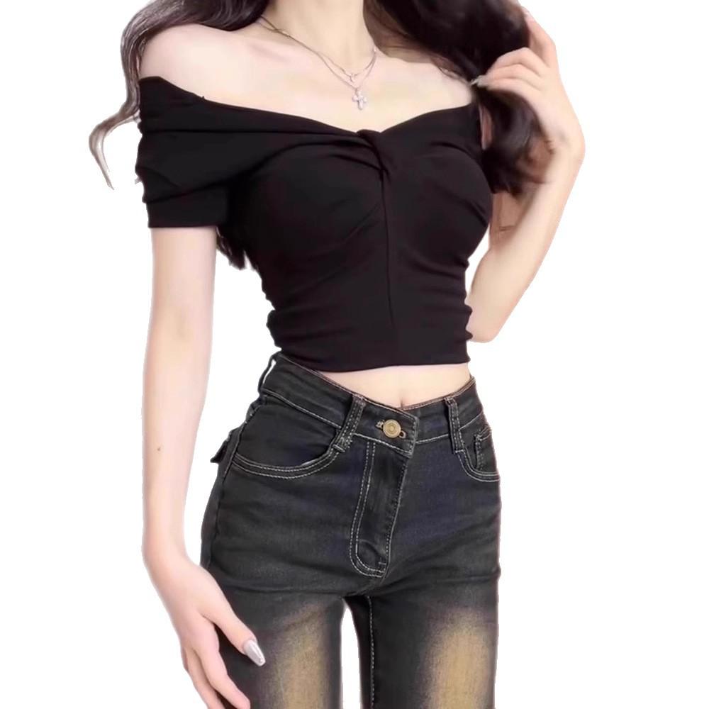 Solid color v-neck simple niche design sense front shoulder short-sleeved T-shirt women's summer fashion versatile pure desire Spice Girl top tide