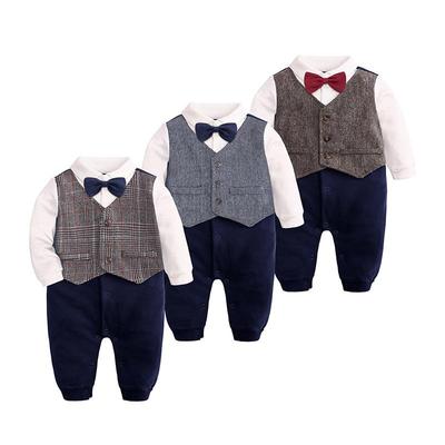 2025 Gentleman's Plaid Bow Tie Romper - Spring Formal Suit for One-Year-Olds