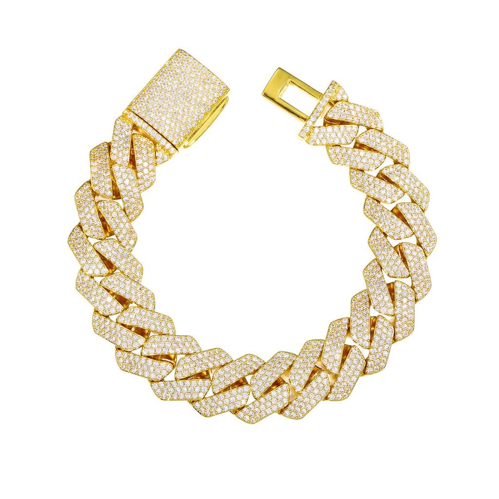 16mm 3-Row Rhombus Cuban Chain Bracelet with Inlaid Moissanite - Luxury Hip Hop Style for Men