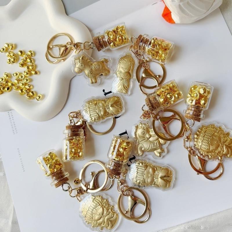 Creative Year Of The Horse Imitation Gold Foil Keychain Fortune Golden Yuanbao Keyring Bag Pendant Decoration New Year Gift