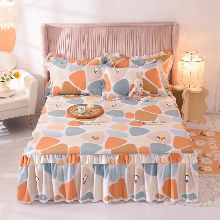 3pcs Sheet Set High Grade 100% Cotton Printed Bedspread King Queen Size Cute Pure Cotton Thick Bed Skirt with 2pcs Pillowcase