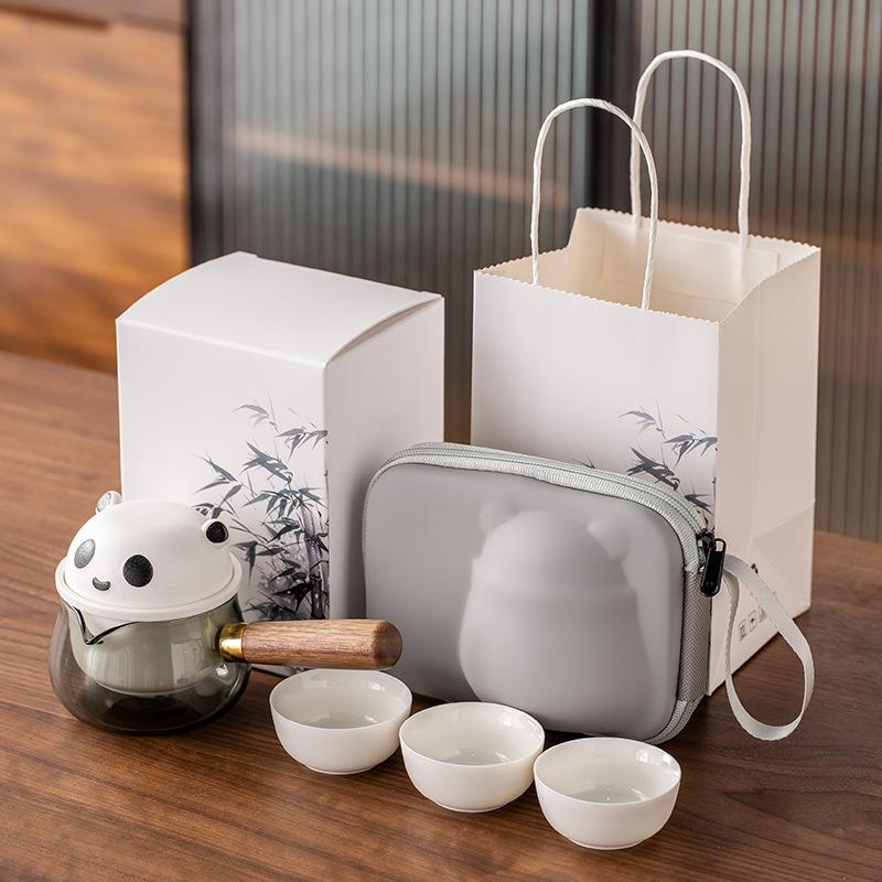 Panda merchandise side handle a pot of three cups travel tea set light luxury modern suet jade porcelain business commemorative gift