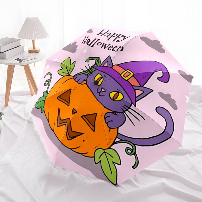 

1pc Happy Halloween Purple Wizard Cat & Pumpkin Pattern Automatic Cartoon Umbrella, Suitable for Travel and Daily Use P055