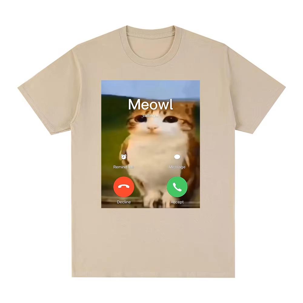 Meowl ruft Anruf Meme Gehirnfäule Lustige Katze Eule T-Shirt Herren Damen Kleidung Mode Kurzarm Baumwolle T-Shirt