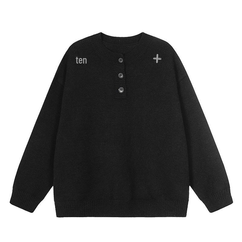 Men's Autumn/Winter Henry Collar Embroidered Sweater - Classic, Loose Knitwear with a High-End Feel