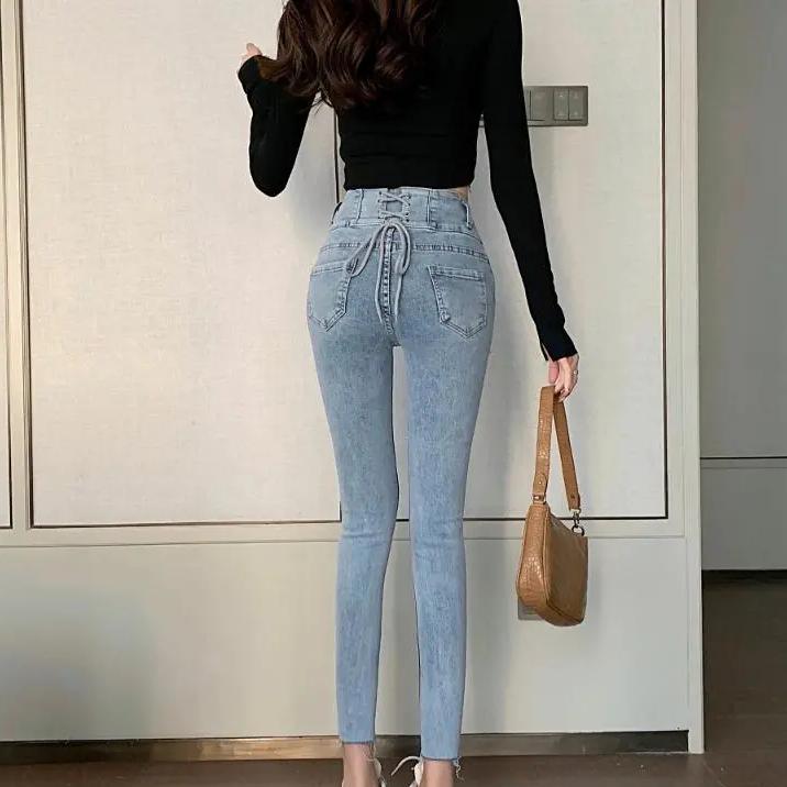 

WTEMPO Модные светло-голубые джинсы с высокой талией на бретелях для женщин, приподнимающие бедра, узкие облегающие эластичные джинсовые брюки XL синий