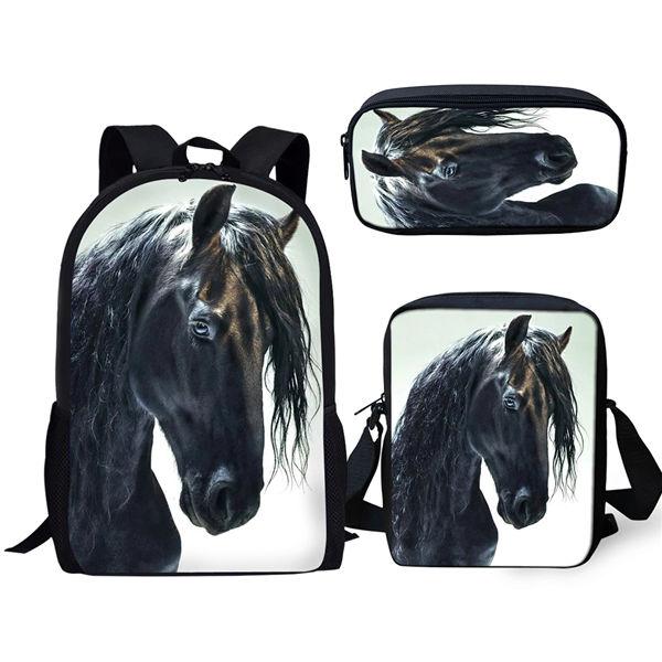 Trendy Handsome Black Horse 3D Print 3pcs/Set pupil School Bags Laptop Daypack Backpack Inclined shoulder bag Pencil Case