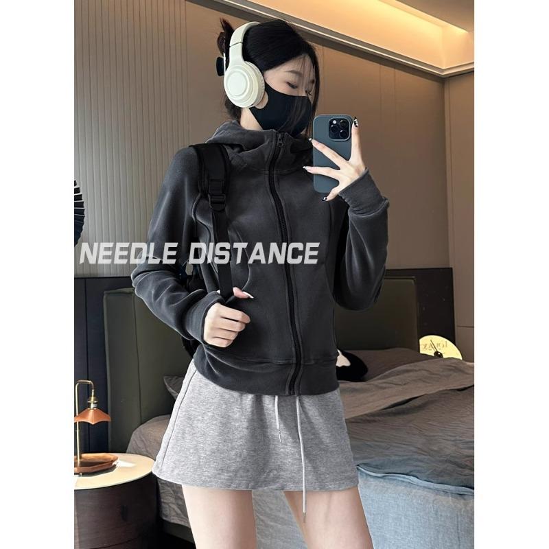 

Double-sided velvet thickened hooded sweater women s spring slim-fit Spice girl long-sleeved jacket high-end top trendy L чорний