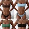 Women Sexy Solid Ribbed Split Lace Up Two Piece Bikini Swimsuit Set
