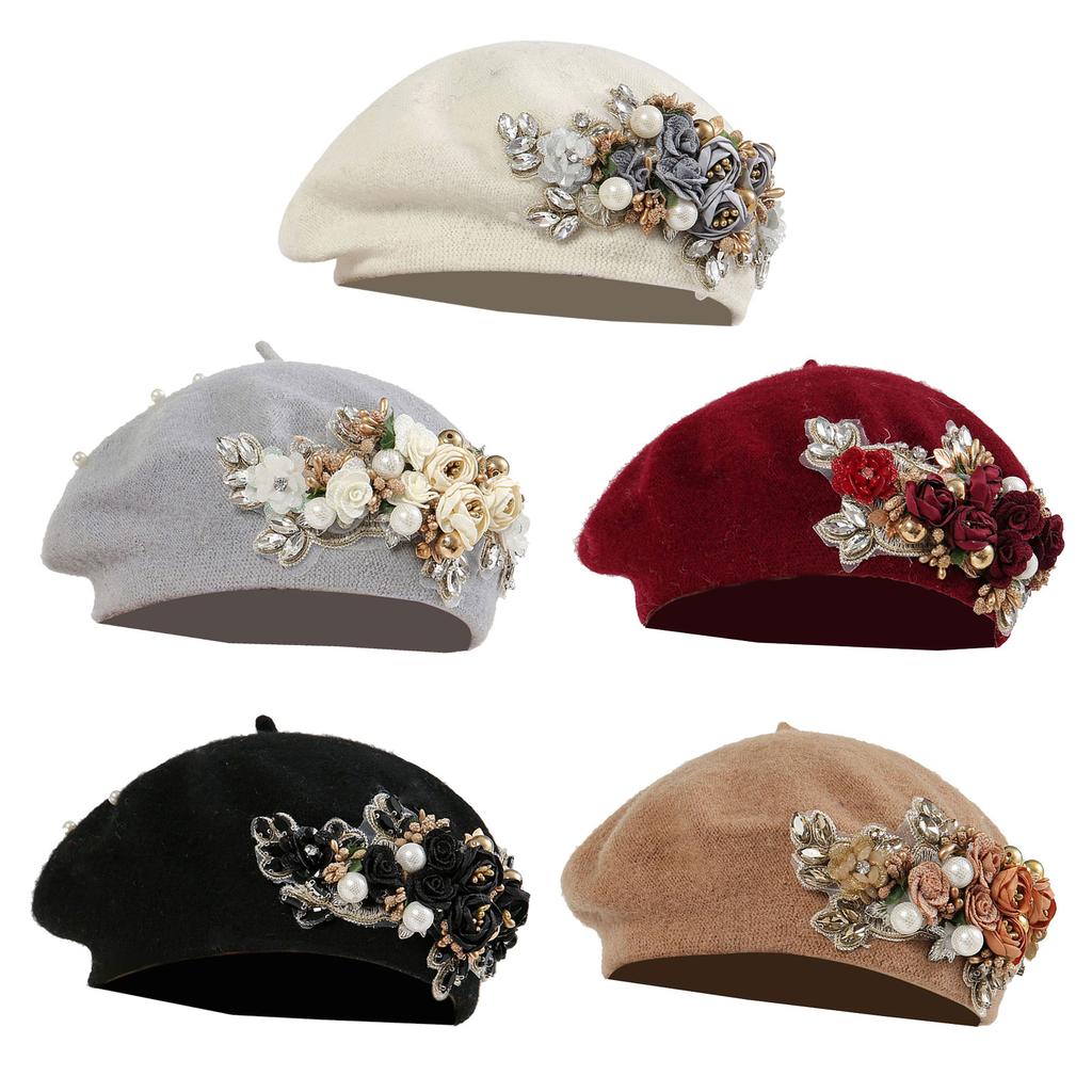 Pearls Studded Girls Beret Stylish Bowknot Headwear Painter Hat Show Small Face Versatile Painter Hat Flower