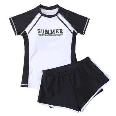 Kids Swimsuit for Short Sleeve Rash Kids449 Black X [Teddy] Girls, Junior, Guard, Shorts, Separate, 2-Piece Set, (150, White)