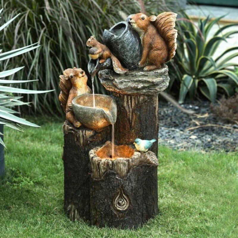 Duck Squirrel Solar Power Resin Patio Fountain Garden Design With Led Solar Light Gardening Supplies Outdoor Decoration