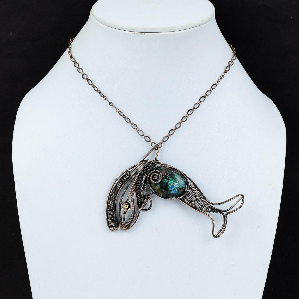 Chrysocolla Pendant Copper Wire Wrapped Pendant Fish Pendant Copper Jewelry Handmade Gemstone Pendant Anniversary Gift Wire Wrapped Jewelry