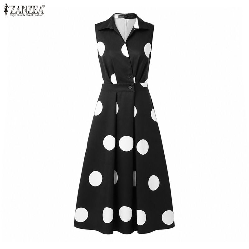 ZANZEA Women Elegant Turn Down Collar Casual Sleeveless Polka Dot Print Dress