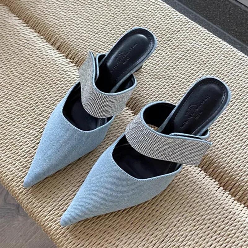 Fashion Fashion Bling Wide Strap Buckle Design Slippers Women Summer Sexy Pointed Toe Thin High Heel Slide Sandals Elegant Mules Heels