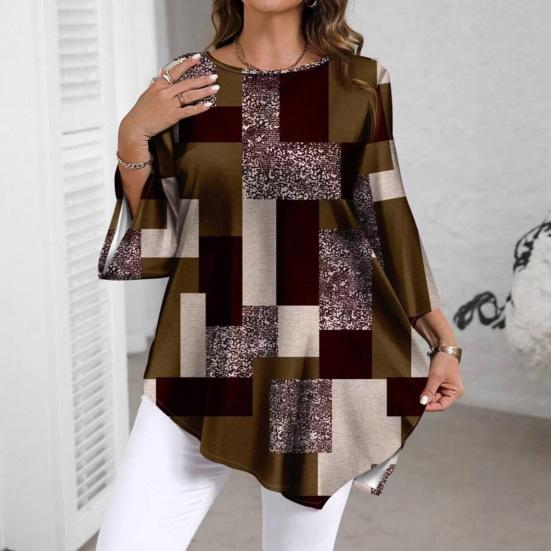Women Tops Three-Quarter Sleeve Round Neck Abstract Print Tee Tops Loose