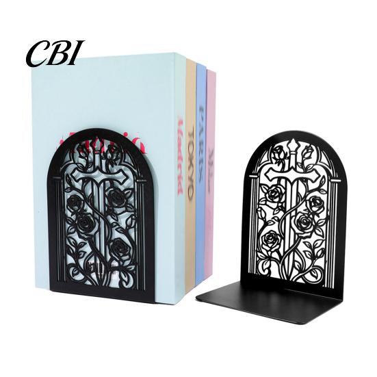 Metal Bookend 1 Pair Flower Bookends, Decorative Vase Book Ends for Shaped Shelves, Black Holder Stopper Home Office Reading Room Desktop