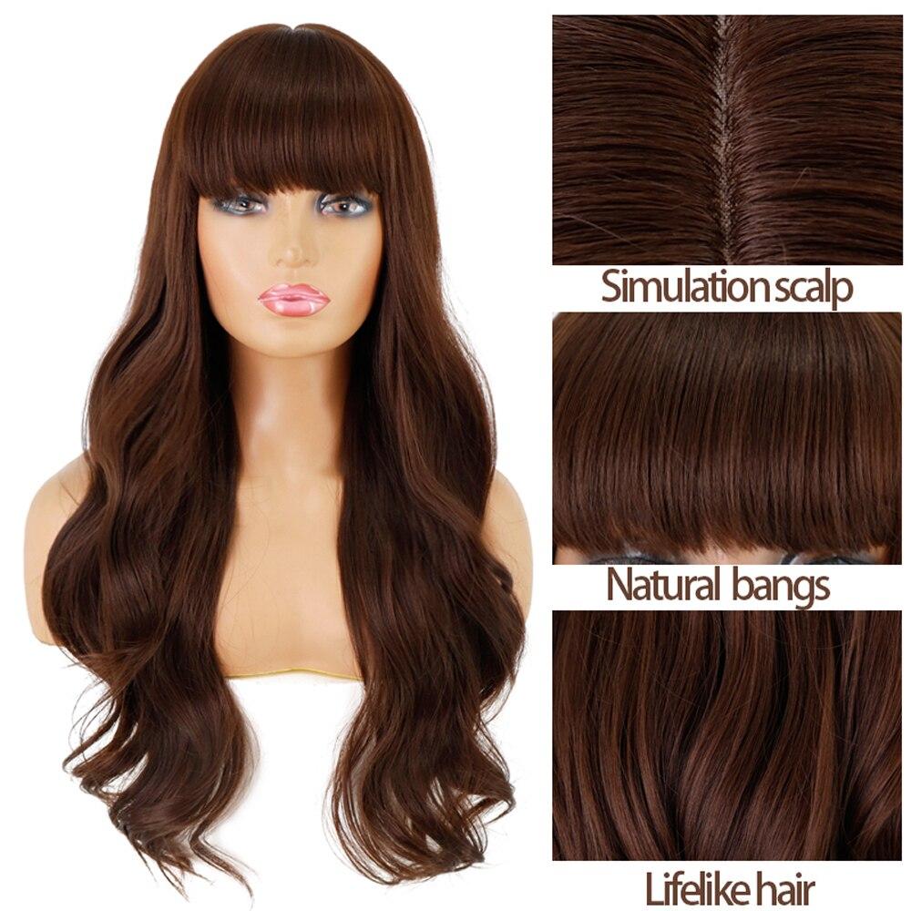 MERISIHAIR Long Dark Brown Women's Wigs with Bangs Water Wave Heat Resistant Synthetic Wigs for Black Women African American Hair