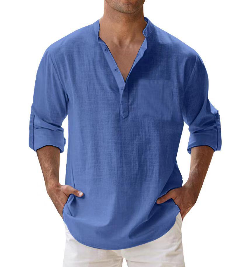 Men's Summer Casual Loose-Fit Stand-Up Collar Solid Color Long-Sleeve Cotton Shirt, Plus Size Available