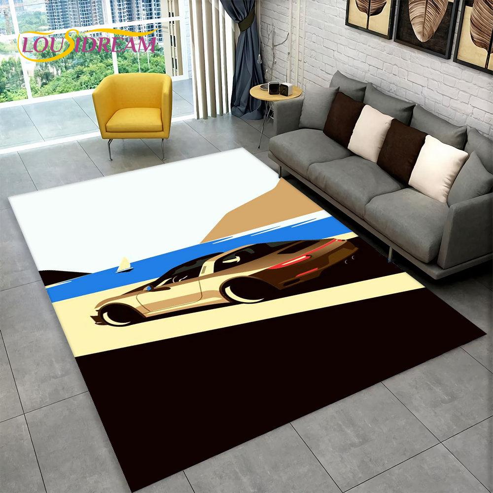 Großer Teppich mit Rennsportwagen-Motiv, Teppich für Zuhause, Wohnzimmer, Schlafzimmer, Sofa, Fußmatte, Dekoration, rutschfeste Bodenmatte für Kinder, Küche