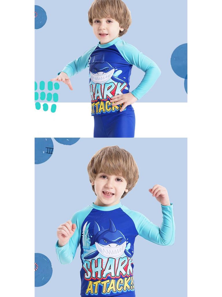 Traje de baño de dos piezas de manga larga con estampado de tiburones para niño - Estilo 2025