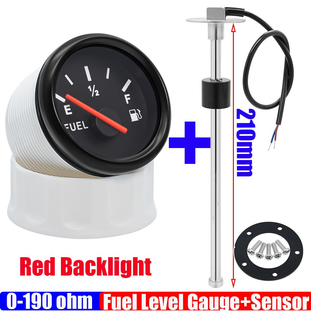 0-190 OHM 2" 52mm Fuel Level Gauge with Red Light + Fuel Level Sensor 130mm 230mm 270mm 530mm for All Auto Boat Yacht 12V 24V