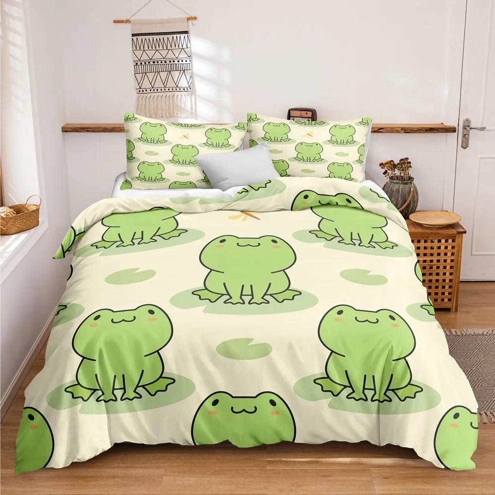 Animal Frogs Duvet Cover Set King Queen Size Green Lovely Cartoon Frog Bedding Set Boys Toad 2/3pcs Polyester Comforter Cover