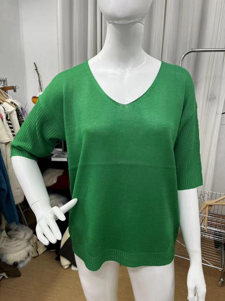 Women's Solid Color Slimming V-Neck Knit Sweaters - European & American Style, Three-Quarter Sleeves