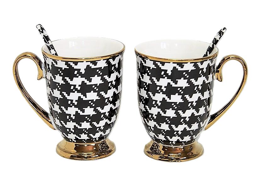 Porcelain Mugs with Spoons Set In a Gift Box Houndstooth Collection