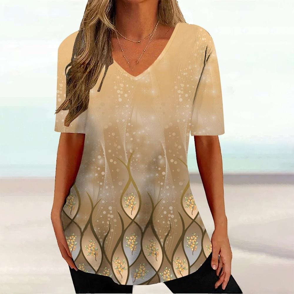 Letni top z dekoltem w serek z nadrukiem 3D w gradientowy wzór Modne codzienne damskie T-shirty z krótkim rękawem