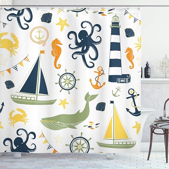 

nautical-themed shower curtain: soft tones of lighthouse, boat, sea creatures & shells on fabric bathroom curtain