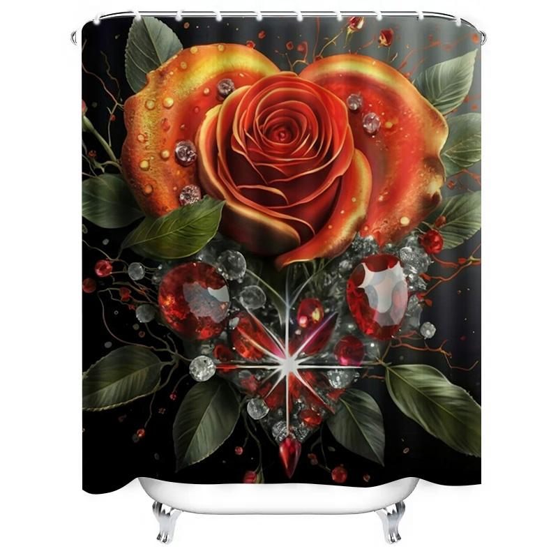 Golden Rose Gemstone Shower Curtain - Luxurious Floral and Crystal Design for a Waterproof and Elegant Bathroom Décor Set